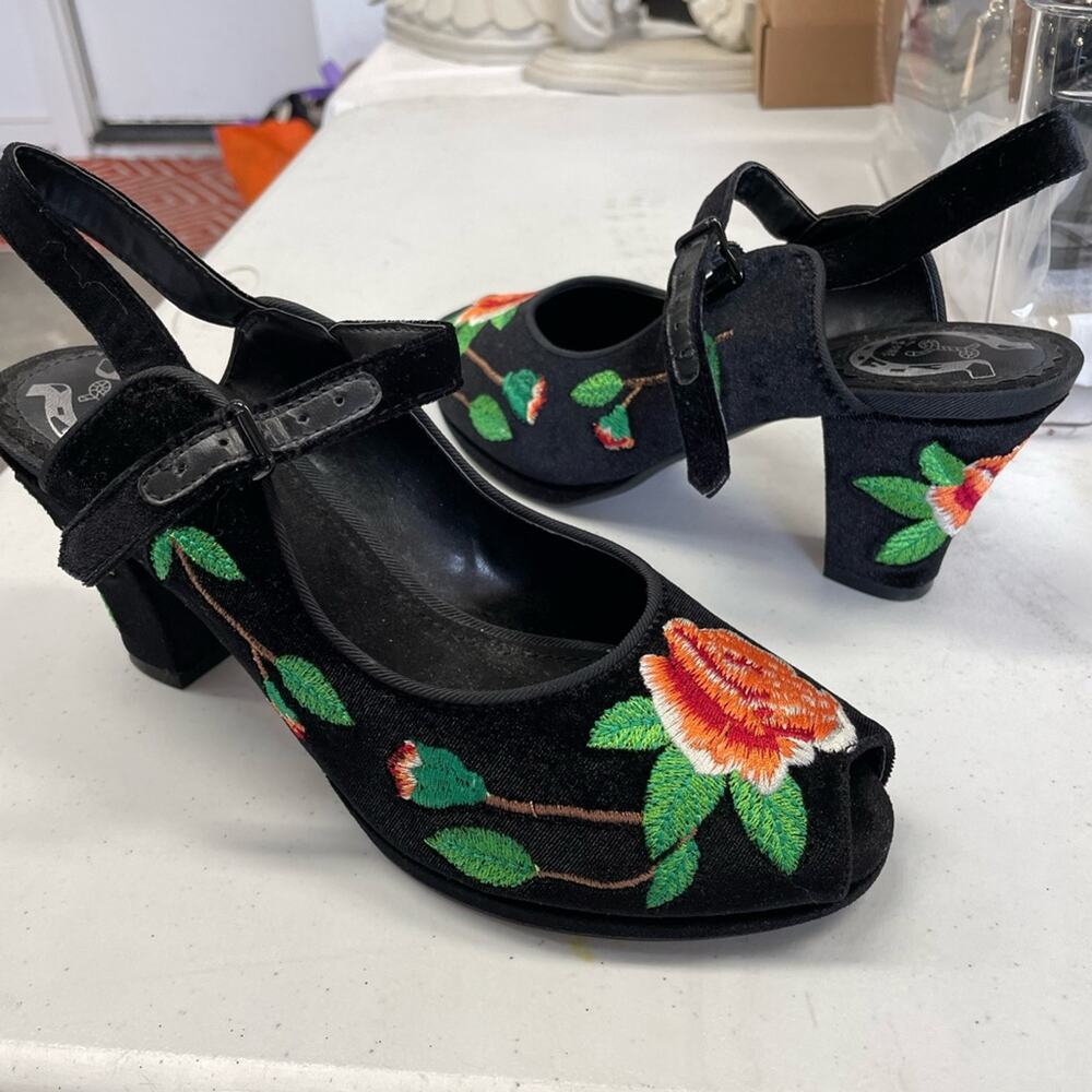 Miss L Fire NEW Black velvet with rose embroidery sling backs peeptoe size 38